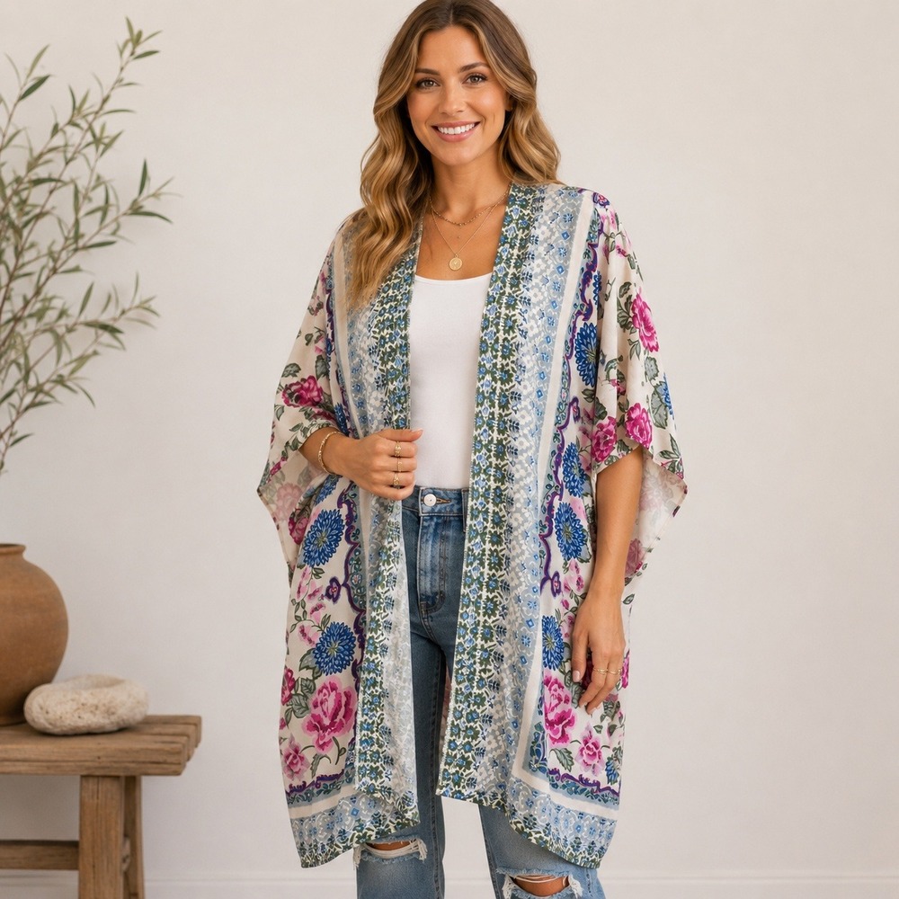 Angie Floral Boho Kimono Cardigan One Size S-XL Blue Pink Festival Duster Rayon